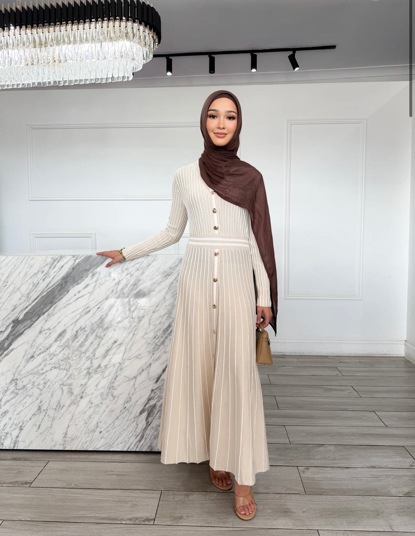 Alyssa Knit Pleated Dress Beige