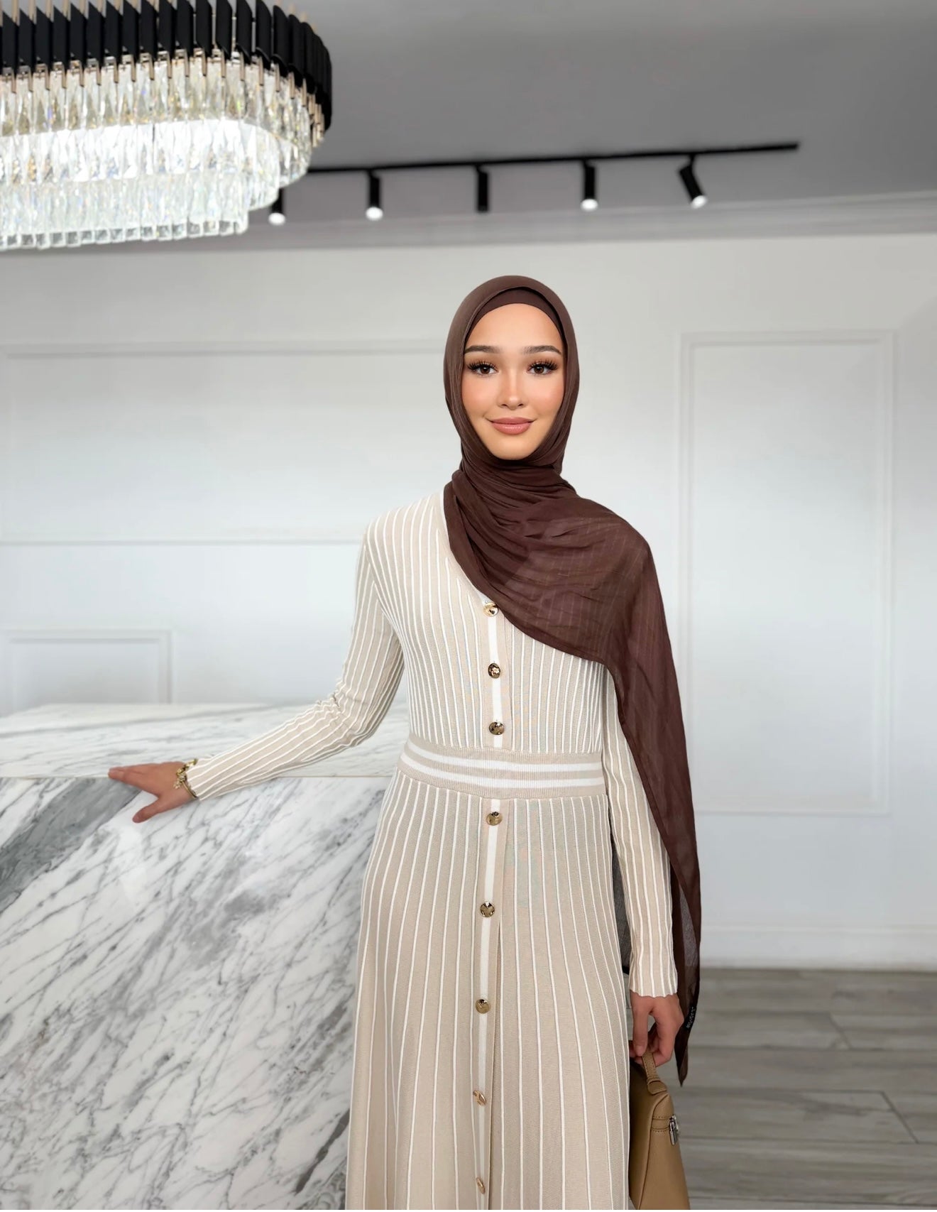Alyssa Knit Pleated Dress Beige