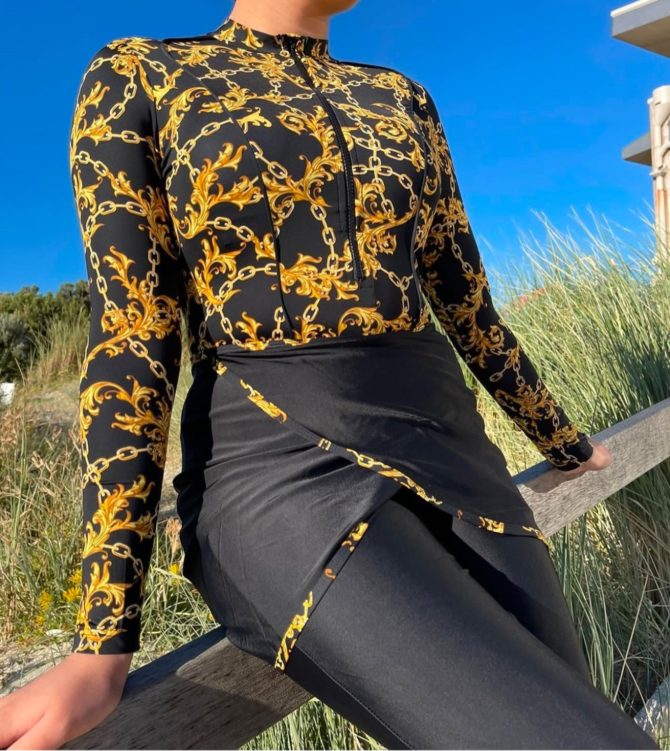 Sofia Gold and Black Zip Swimsuit