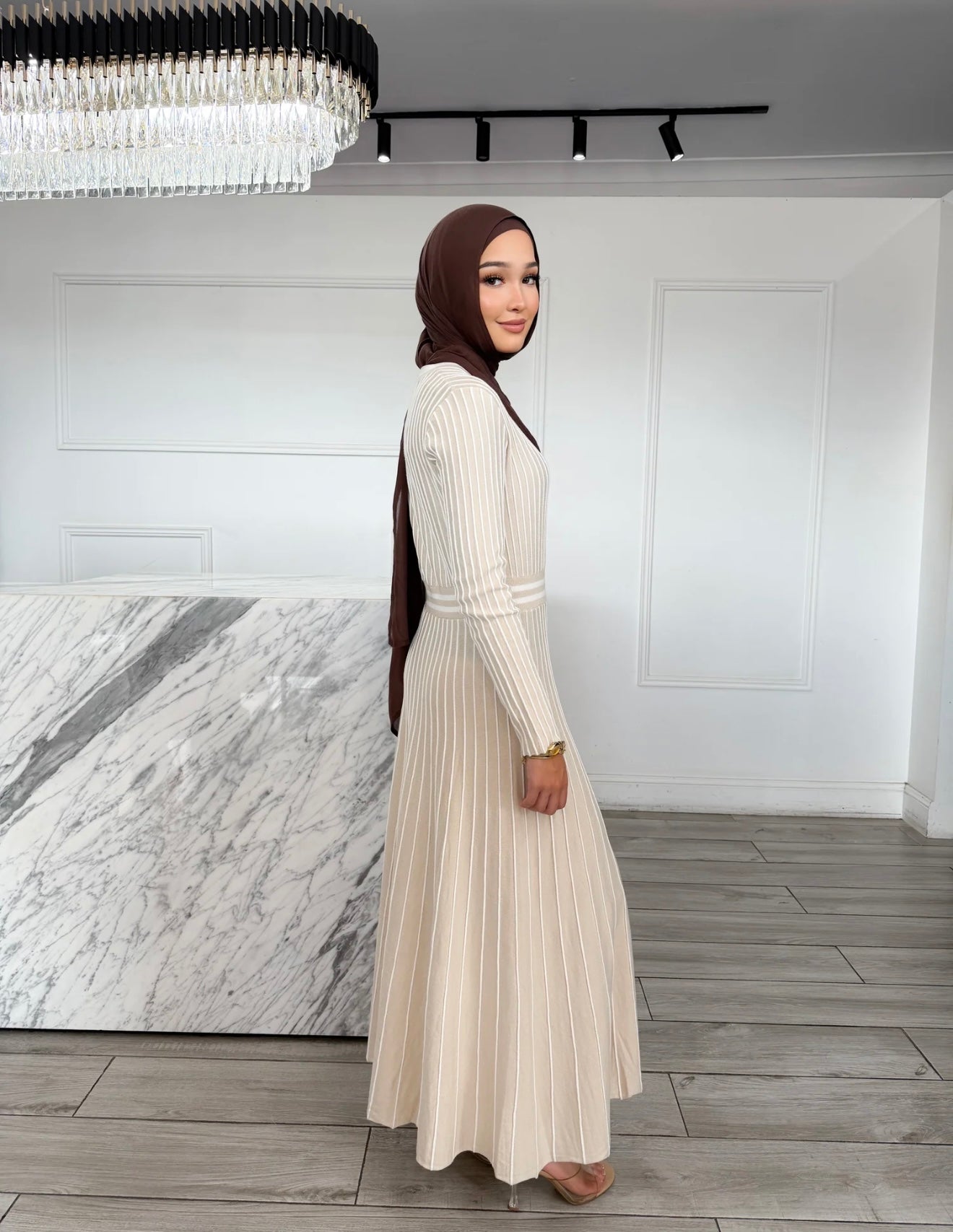 Alyssa Knit Pleated Dress Beige